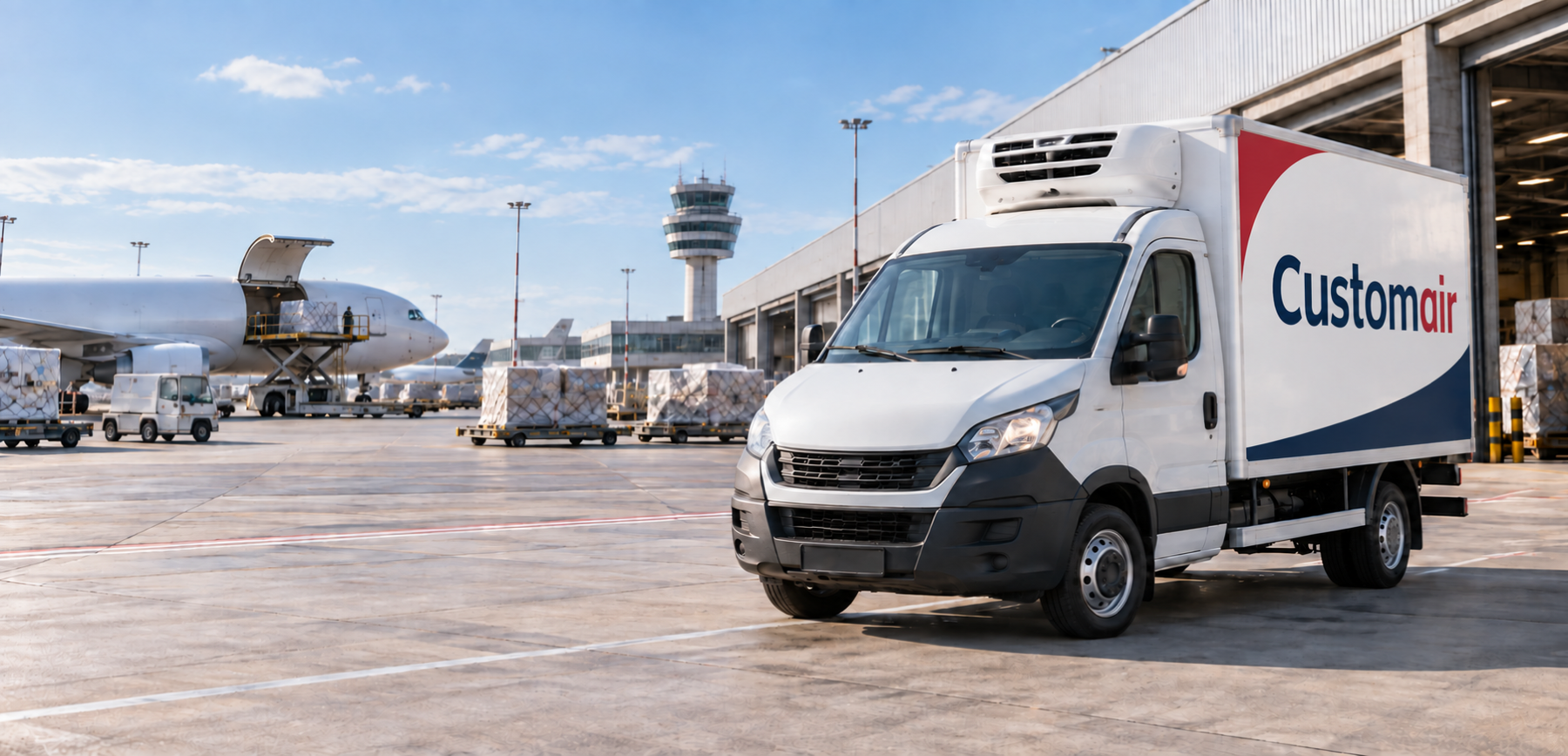 Furgone refrigerato in un hub cargo aeroportuale